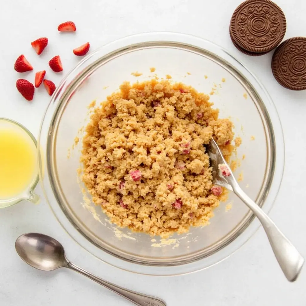 Crushing Golden Oreos and freeze-dried strawberries in a bowl with melted butter, creating the crunchy topping for the Strawberry Crunch Cake