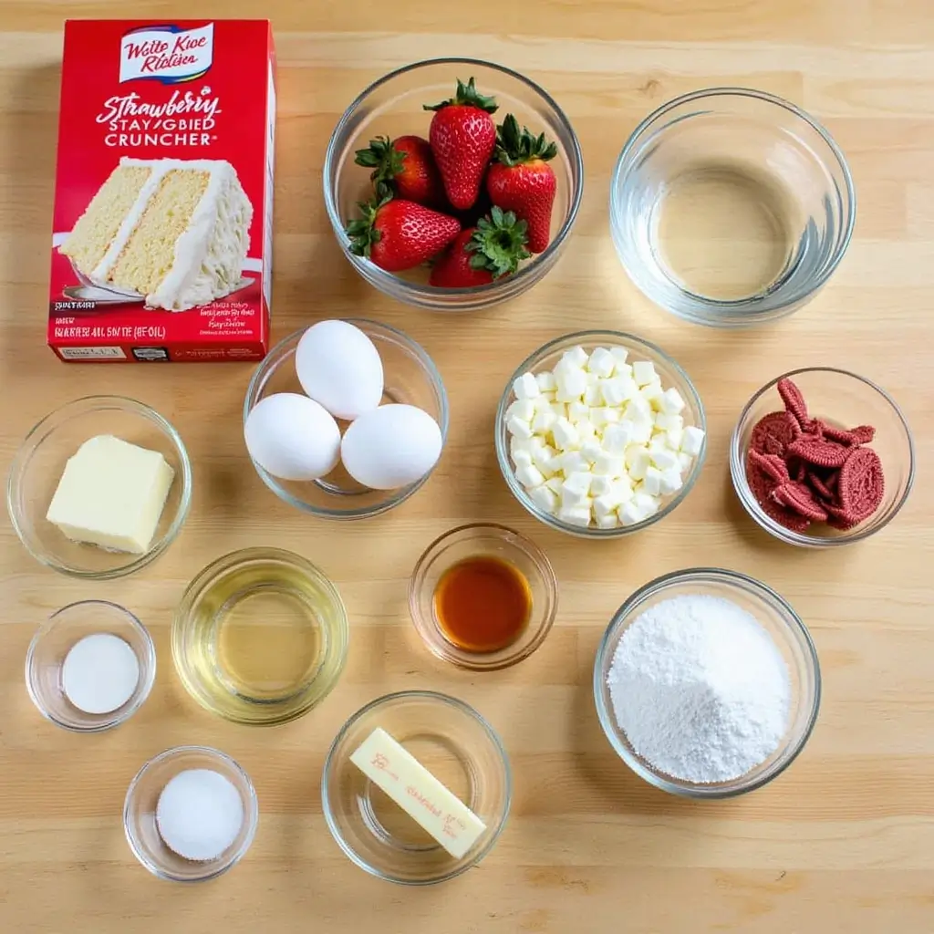 Ingredients for Strawberry Crunch Cake, including vanilla cake mix, fresh strawberries, cream cheese, butter, powdered sugar, Golden Oreos, freeze-dried strawberries, and melted butter.