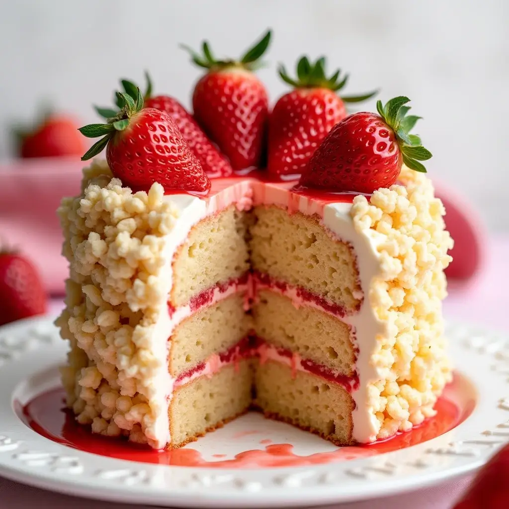 A beautifully decorated strawberry crunch cake with layers of moist vanilla cake, creamy frosting, and a crunchy strawberry topping, garnished with fresh strawberries.