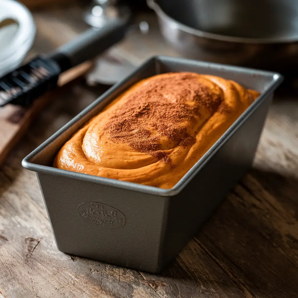 A loaf pan filled with sweet potato bread batter, ready to be baked.