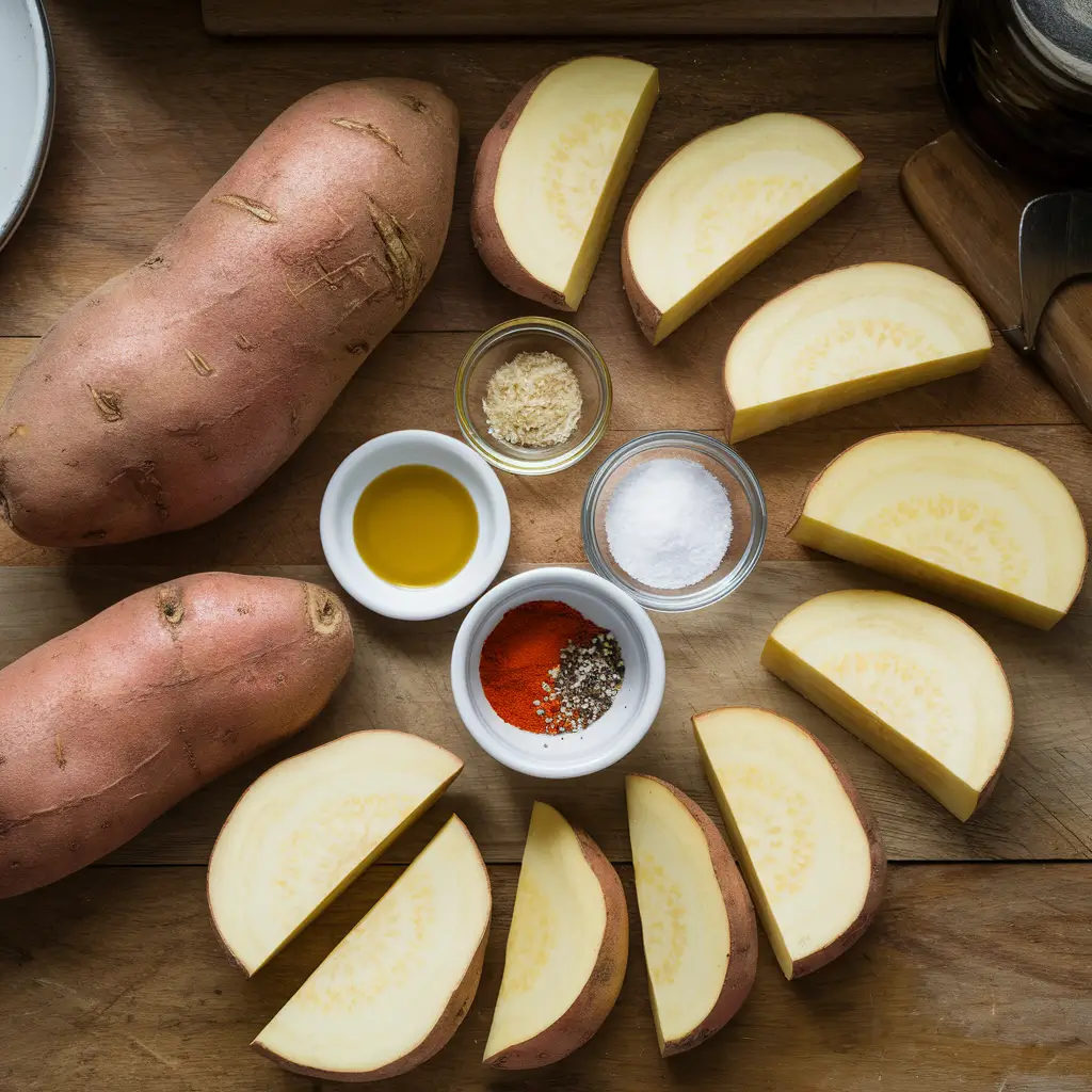 Fresh white sweet potatoes and seasonings arranged on a wooden countertop.