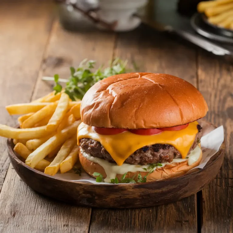 A seared smash burger with cheese, fries, and herbs on a rustic plate