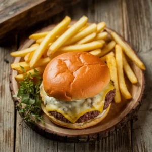 A seared smash burger with cheese, fries, and herbs on a rustic plate.