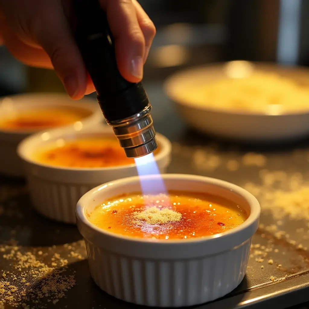 Caramelizing sugar with a kitchen torch to create a golden, crispy brulee topping for Crab Brulee.