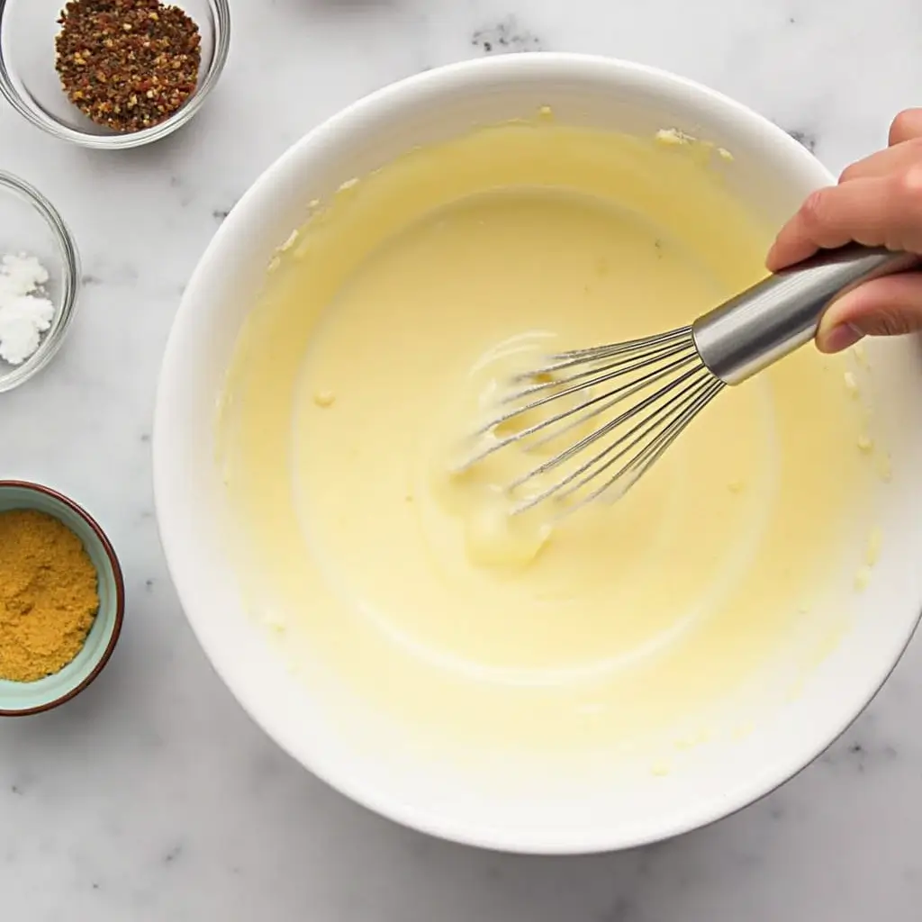 Whisking egg yolks and heavy cream with seafood seasoning in a mixing bowl for Crab Brulee.