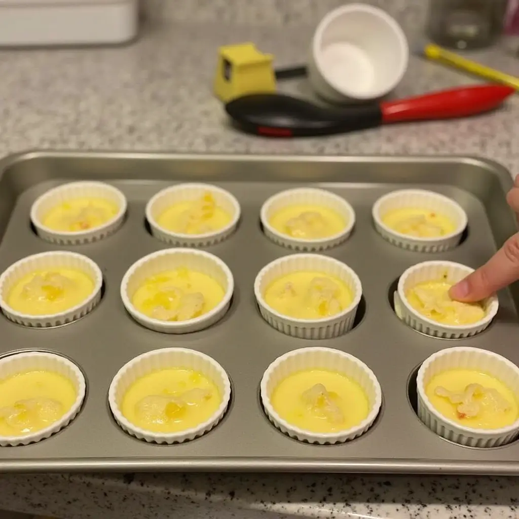 Ramekins filled with custard and crab mixture, ready to bake in the oven for Crab Brulee.