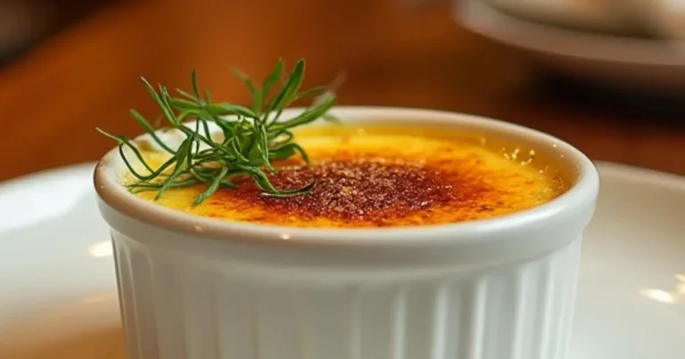 Crab Brulee in a ramekin with a golden caramelized top, garnished with fresh microgreens, served on a stylish plate