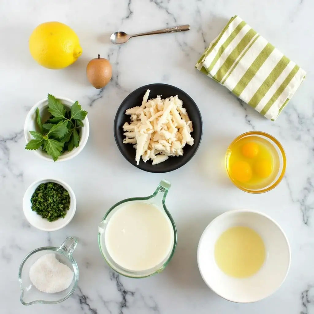 Fresh lump crab meat, heavy cream, egg yolks, seafood seasoning, Parmesan cheese, salt, and pepper arranged on a wooden kitchen countertop.