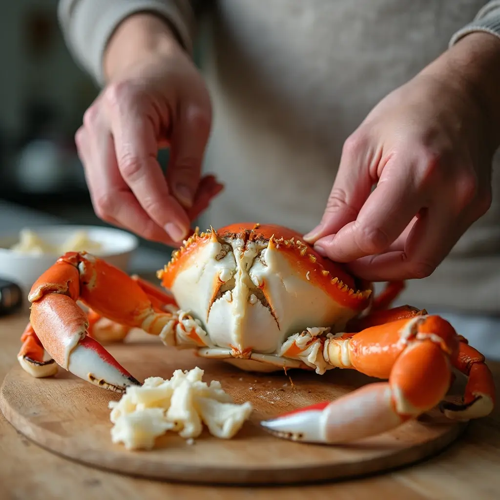 Peeling fresh crab meat from the shell and incorporating it into the creamy custard 