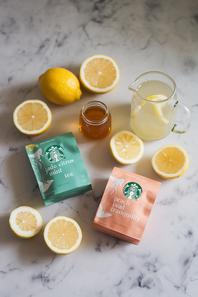 Ingredients for Starbucks Medicine Ball Tea, including tea bags, honey, lemon, and lemonade.