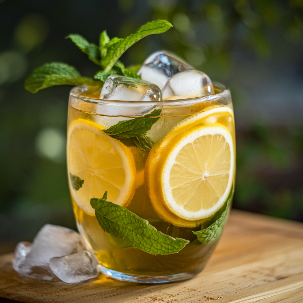 Iced variation of Starbucks Medicine Ball served with ice cubes and a lemon garnish