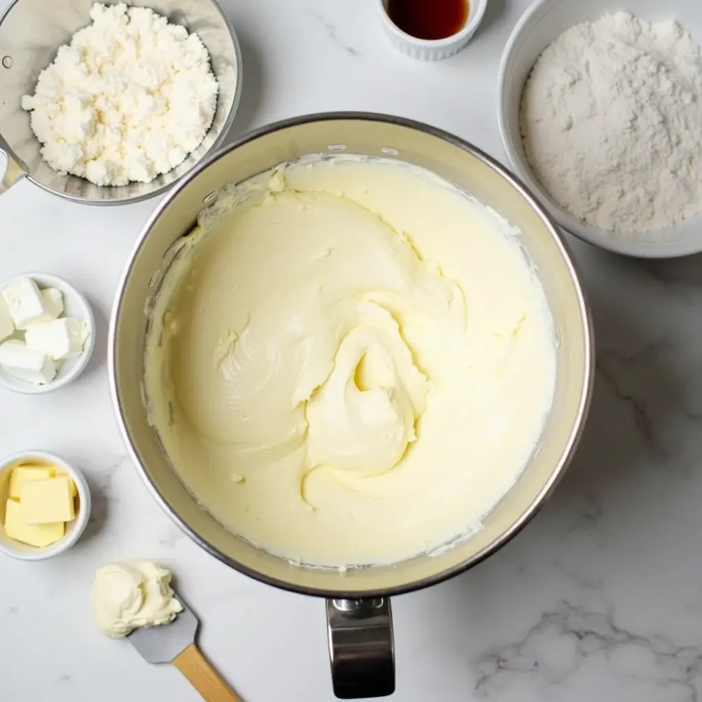 Mixing vanilla cake batter in a bowl with eggs, water, and oil, preparing the base layers for the Strawberry Crunch Cake, with ingredients neatly displayed nearby.