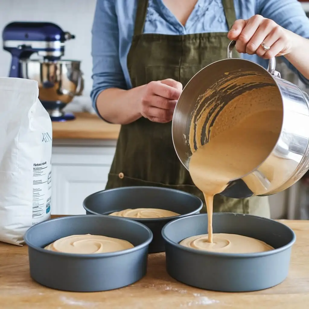 Pouring cake batter evenly into round pans, ready to bake for 25-30 minutes, with a toothpick test ensuring doneness. Cakes cooling on a wire rack after baking.