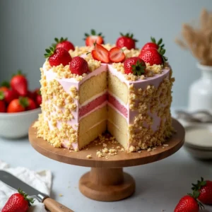 Strawberry Crunch Cake with layers of moist vanilla sponge, creamy frosting, and a crunchy topping of crushed Golden Oreos and freeze-dried strawberries, garnished with fresh strawberries.