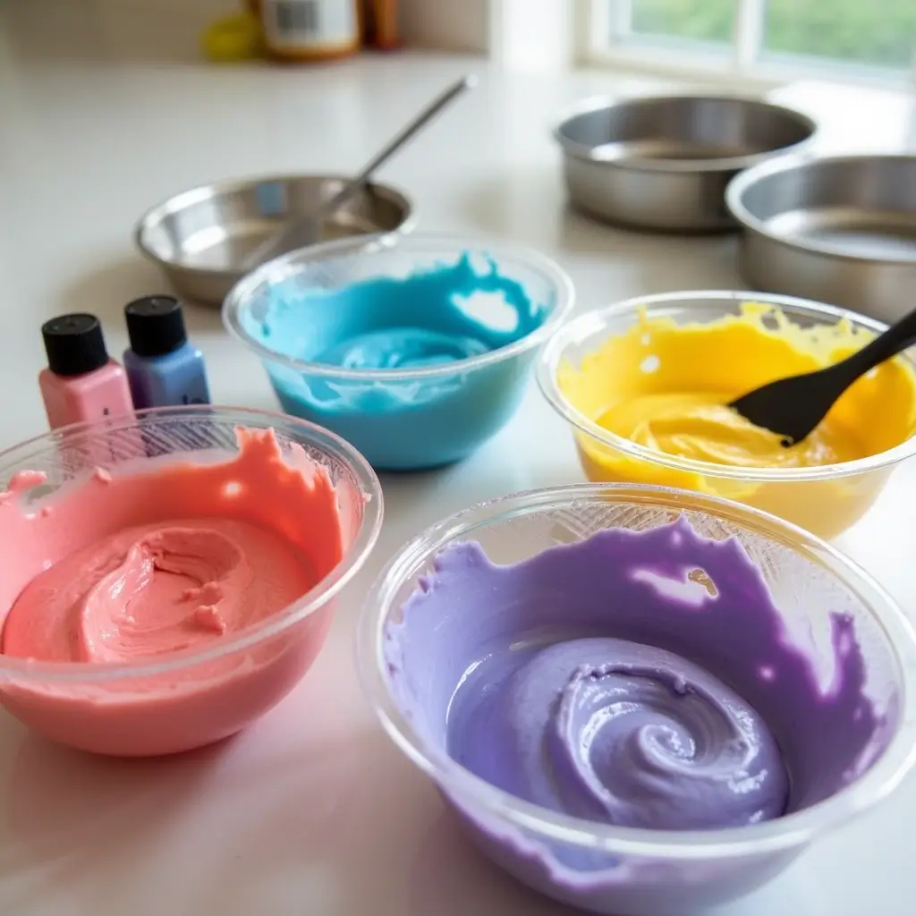 Bowls of colorful cake batter in red, blue, yellow, and purple on a countertop, with food coloring bottles and cake pans filled in a marbled pattern.