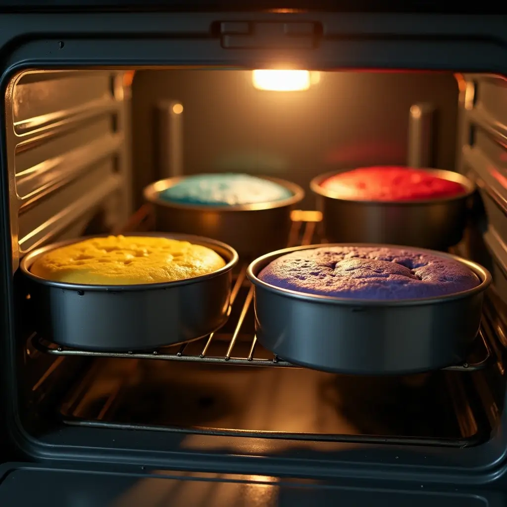 Four vibrant cake layers in red, blue, yellow, and green baking inside a preheated oven, with cooling racks ready on the countertop nearby