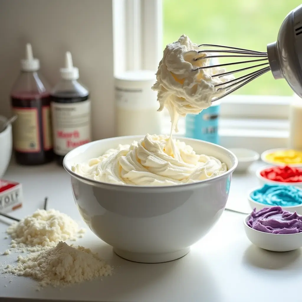 Buttercream frosting being whipped in a mixing bowl, with powdered sugar added gradually, and bowls of colorful frosting in red, blue, yellow, and purple nearby.