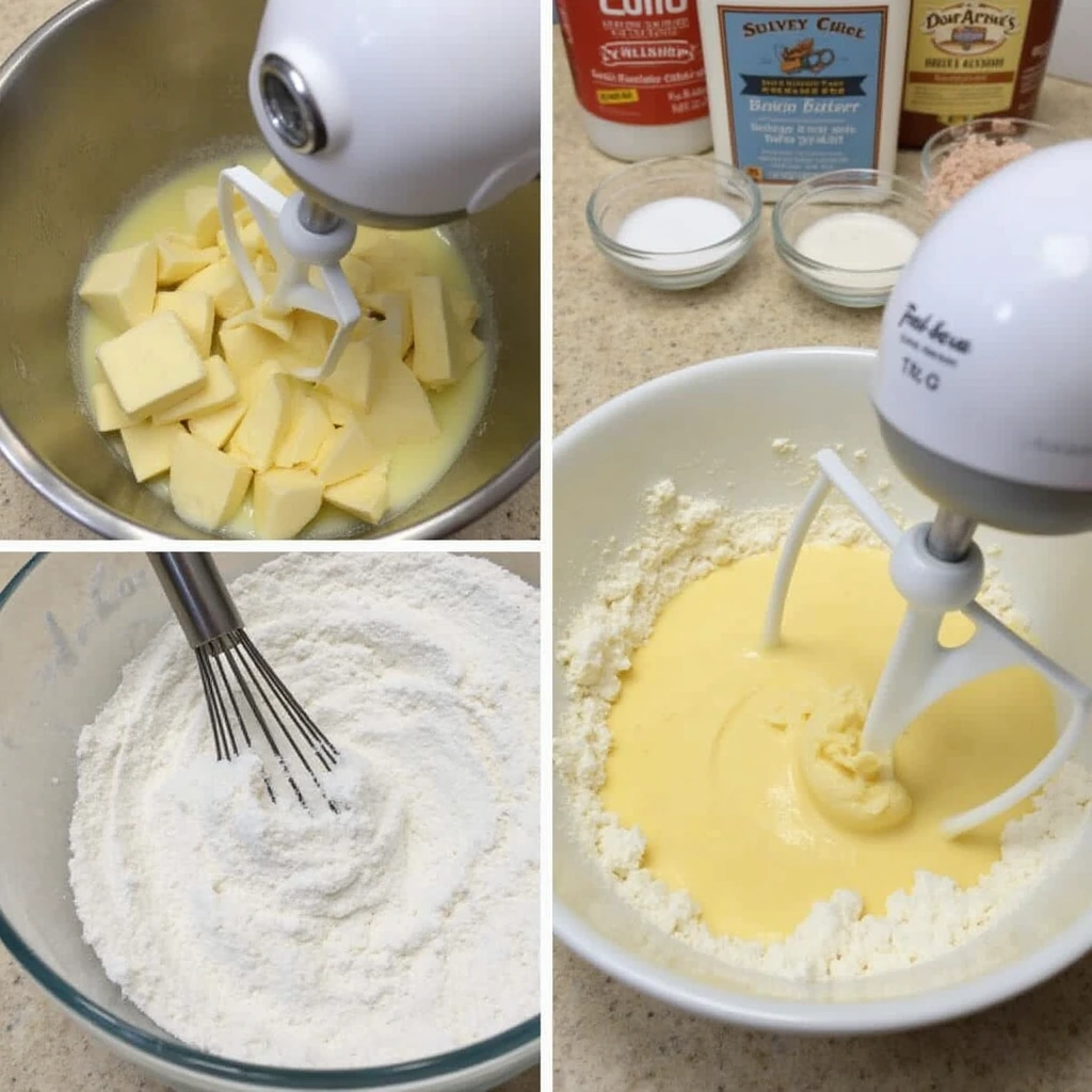 A close-up view of cake batter being mixed in a large glass bowl, surrounded by pre-measured ingredients like flour, sugar, eggs and milk