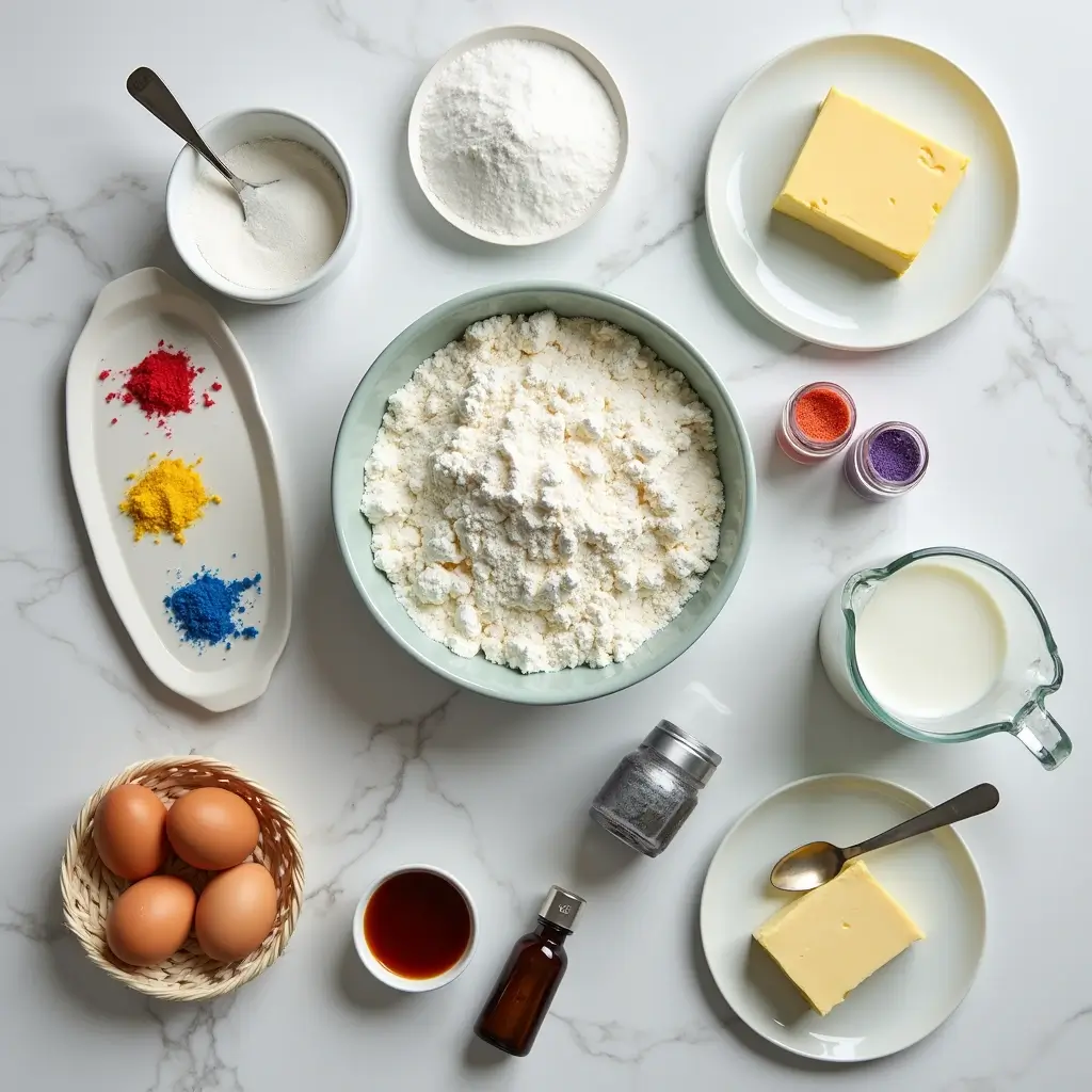 A neatly arranged display of unicorn cake ingredients on a white marble countertop, featuring flour, butter, sugar, eggs, vanilla, milk, and colorful food coloring.