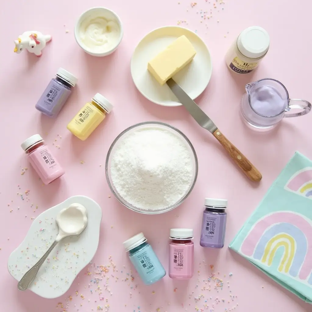 An elegant setup of buttercream frosting ingredients on a pastel surface, including butter, powdered sugar, heavy cream, vanilla extract, and pastel food coloring.