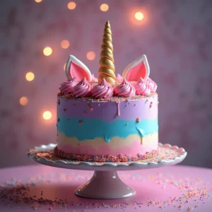 A beautifully decorated unicorn cake with red, yellow, blue and purple icing, a gold horn and piped flowers, sitting on a colourful cake stand in a bright and airy kitchen.