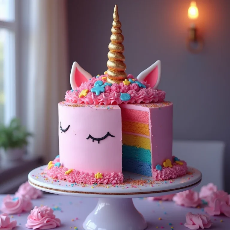 A stunning unicorn cake with a gold horn, golorized icing and delicate floral decorations, presented on a white cake stand in a warm kitchen setting