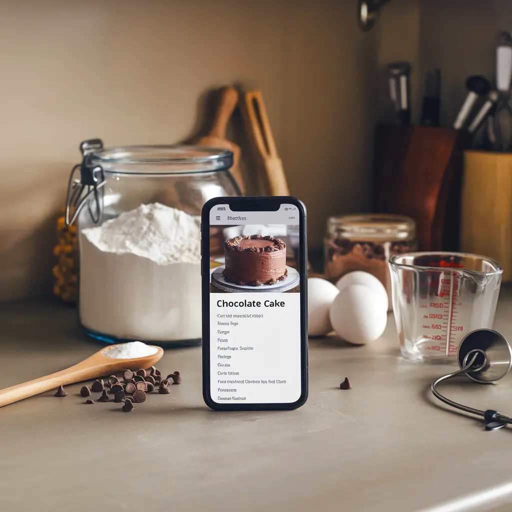 Tablet screen displaying a cooking recipe, surrounded by ingredients and utensils on a worktop at home.