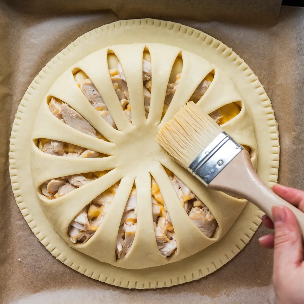 Puff pastry sheet with chicken and cheese filling, slitted top ready for sealing.