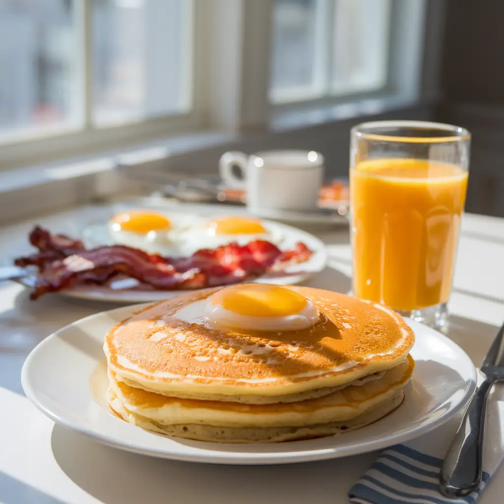 Gourmet breakfast with golden pancakes, fried eggs, crispy bacon and fresh orange juice on a sunny table at home