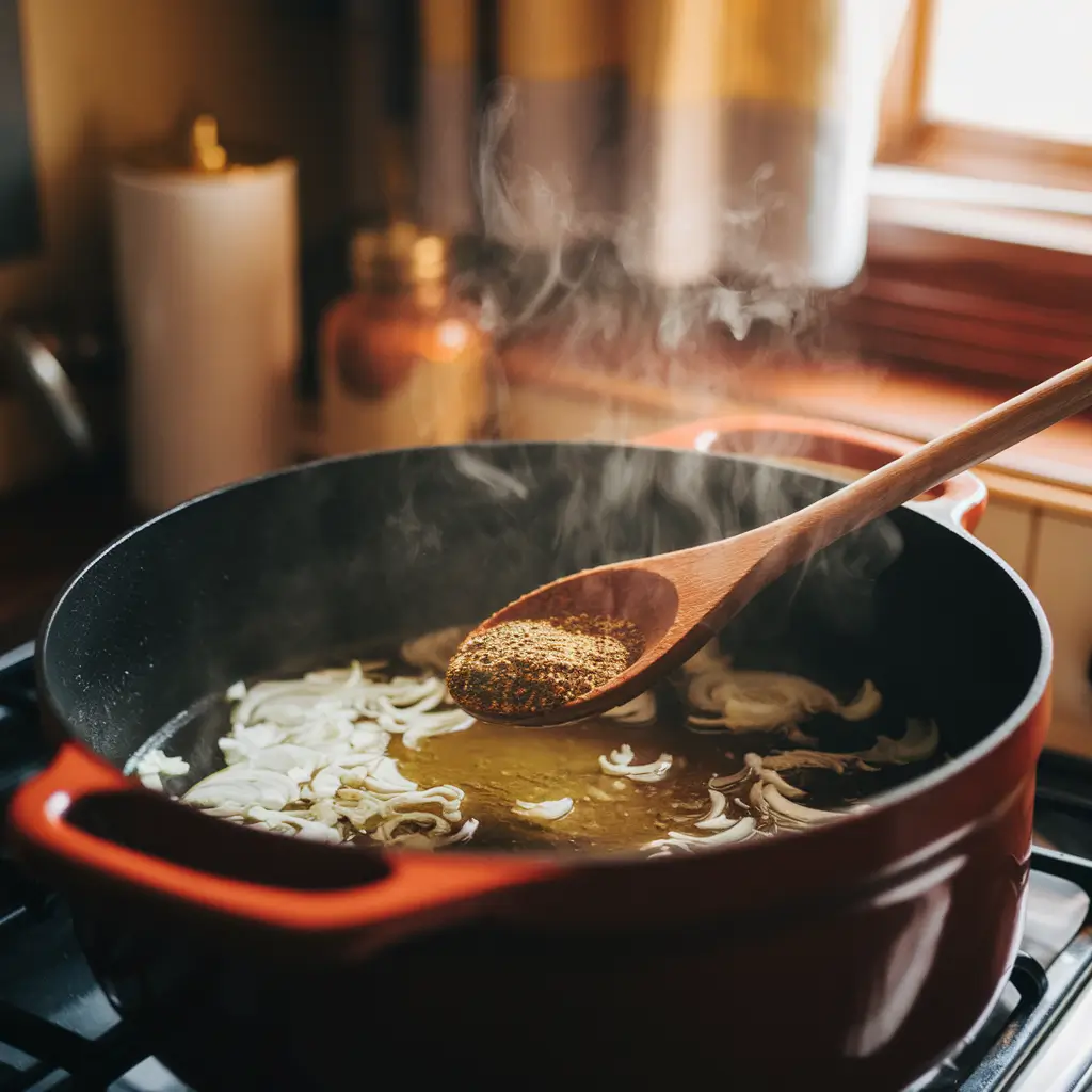 Sautéing onions, garlic, and taco seasoning in a pot for chicken taco soup.