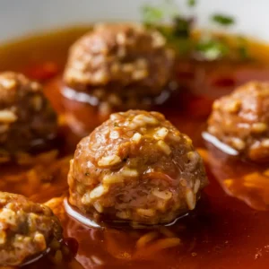 Close-up of rice-filled meatballs in Porcupine Soup.