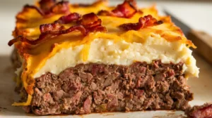 Cowboy meatloaf and potato casserole served with crispy golden potatoes and juicy meatloaf.