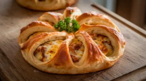 Golden, flaky Chicken and Cheese Jalousie sliced open to reveal gooey cheese and seasoned chicken filling.