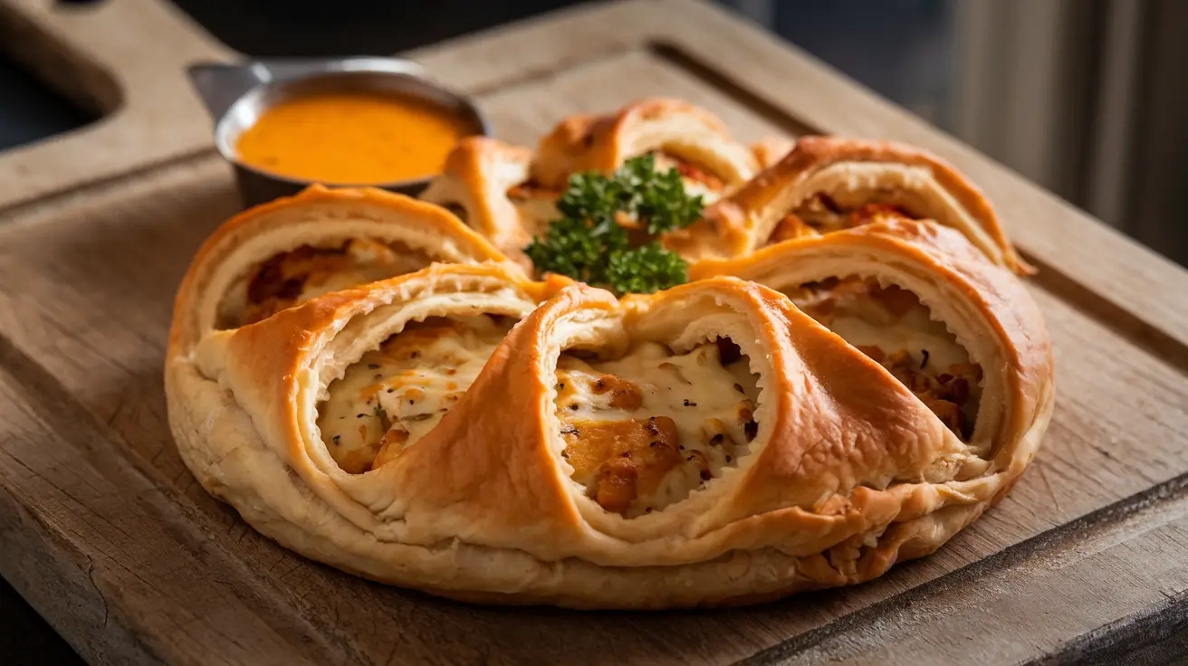A golden, crispy Chicken and Cheese Jalousie sliced open, revealing gooey cheese and tender chicken filling.