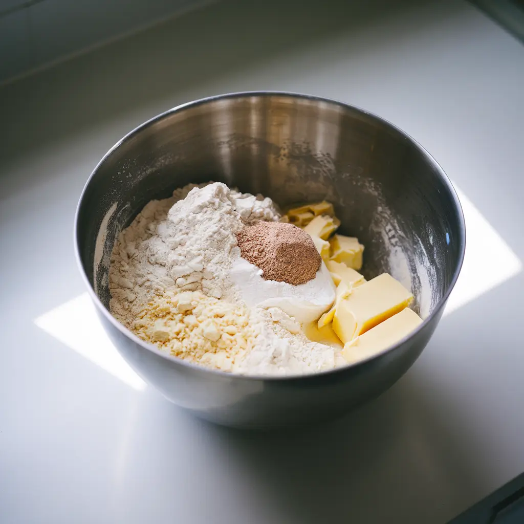 Mixing bowl with dough ingredients for homemade Gipfeli.