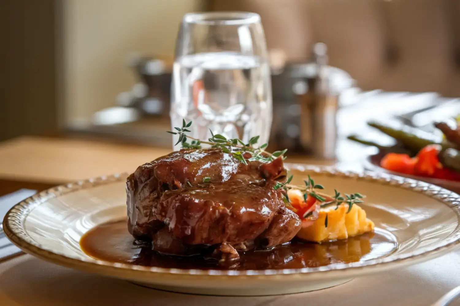 A beautifully plated serving of braised beef cheeks with fresh herb garnish
