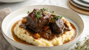 A beautifully plated braised beef cheek in rich sauce, garnished with fresh thyme.