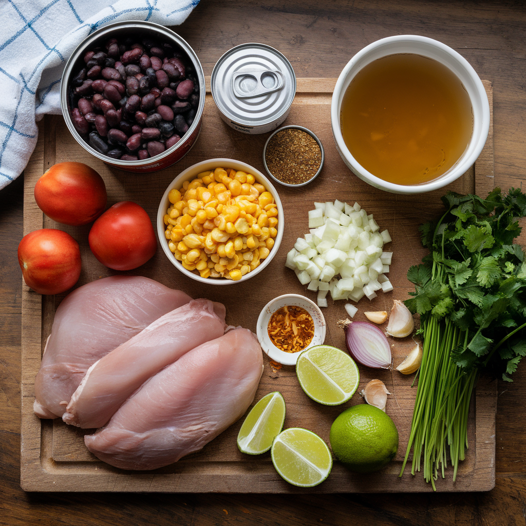 Ingredients for chicken taco soup, including chicken, beans, corn, and seasonings.