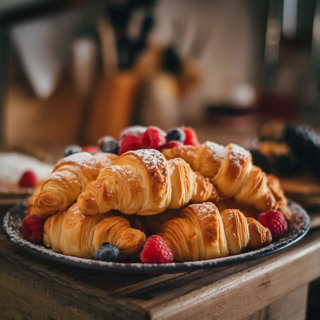 Freshly baked homemade Gipfeli with golden, flaky layers