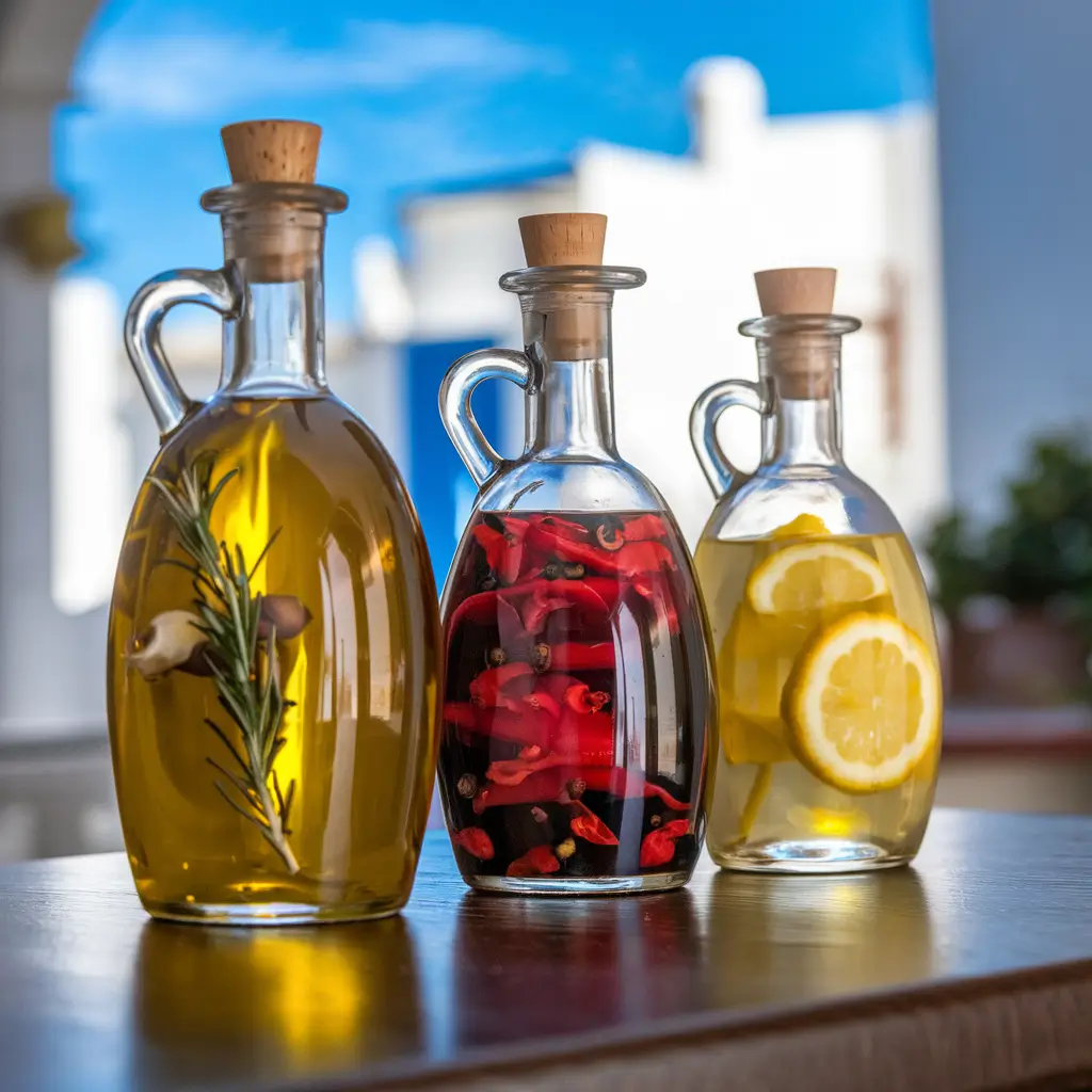 Infused EVOO bottles with garlic, chili, and lemon zest.