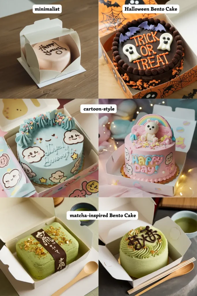 Four Cake designs: a sleek Minimalist Chic cake, a spooky Halloween-themed cake, a playful Cartoon-Style cake, and a Matcha-Inspired cake with green tea frosting.