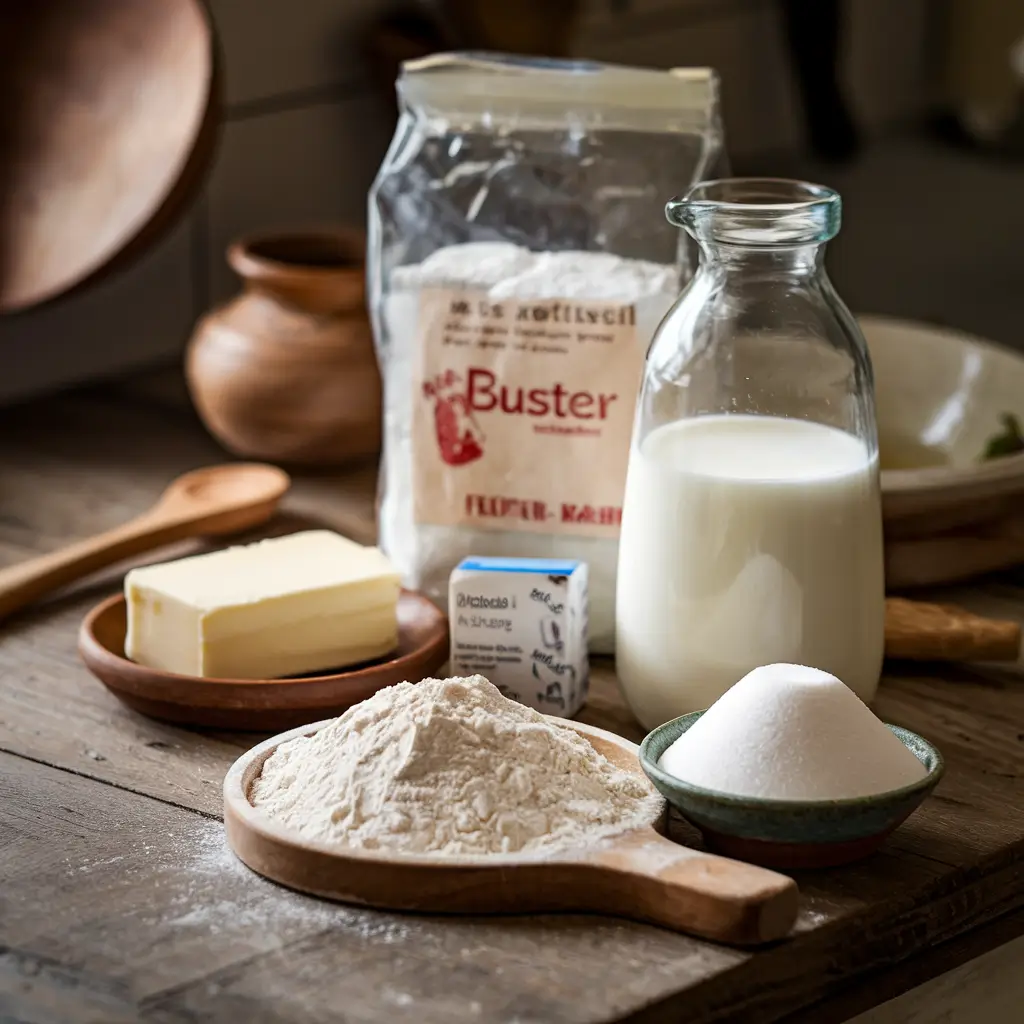 Essential ingredients for homemade Gipfeli arranged on a countertop.