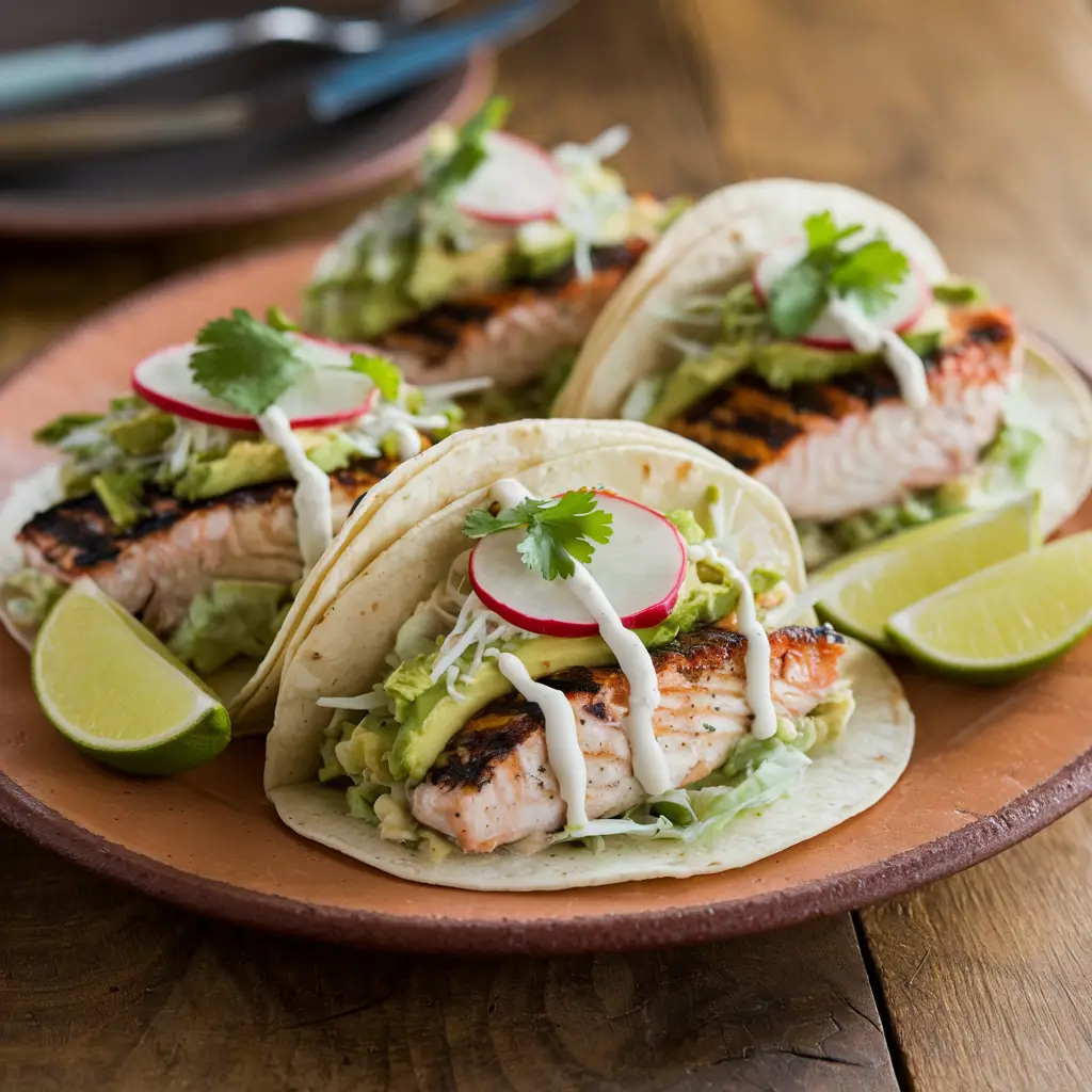 Steelhead trout tacos with avocado slaw and lime crema.