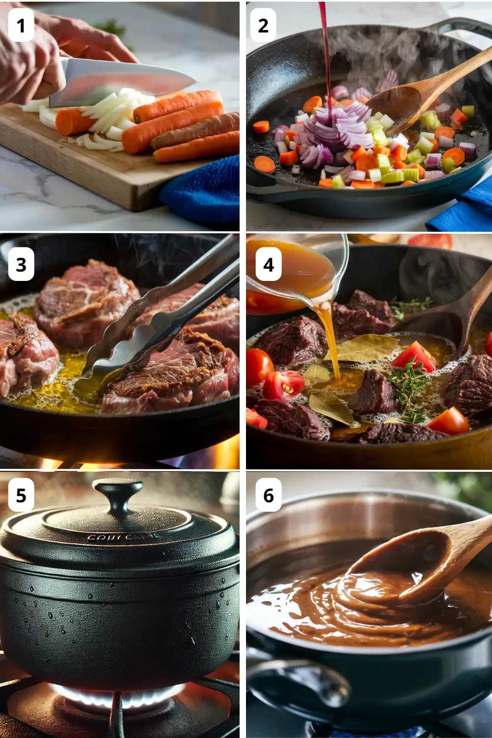 Step-by-step process of braising beef cheeks, from chopping vegetables and searing meat to slow cooking in a Dutch oven and serving the final dish.