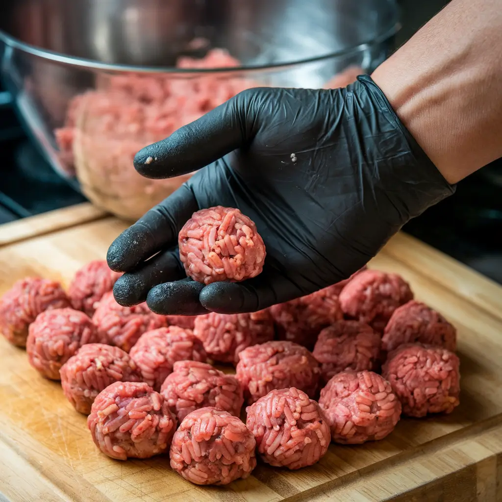 Mixing the ingredients for Porcupine Soup meatballs.