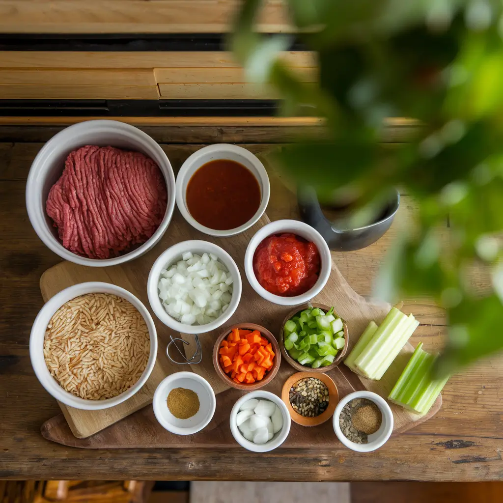 Fresh ingredients for Porcupine Soup, including ground beef, rice, vegetables, and seasonings.