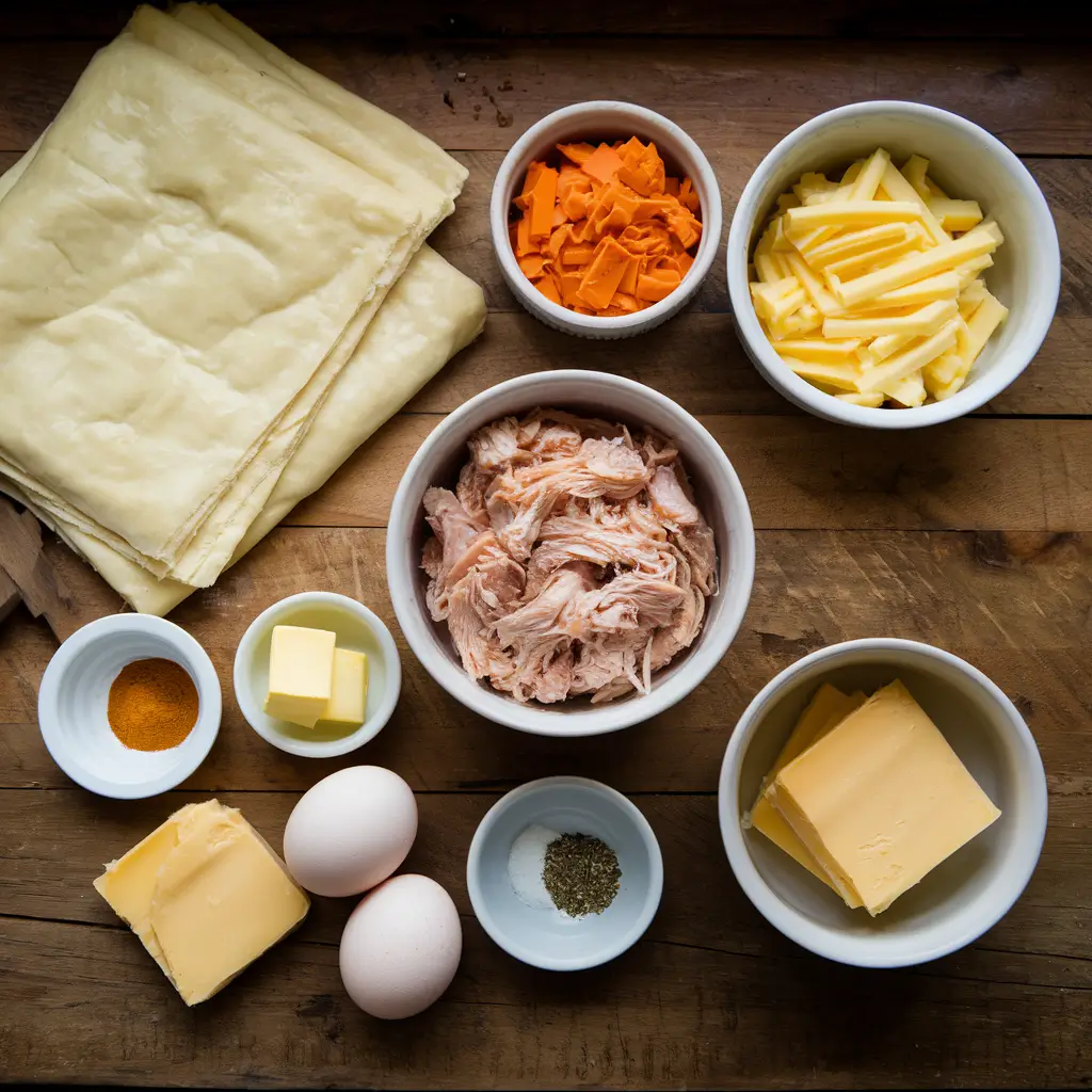 Fresh ingredients for Chicken and Cheese Jalousie, including puff pastry, chicken, cheese, butter, and herbs.