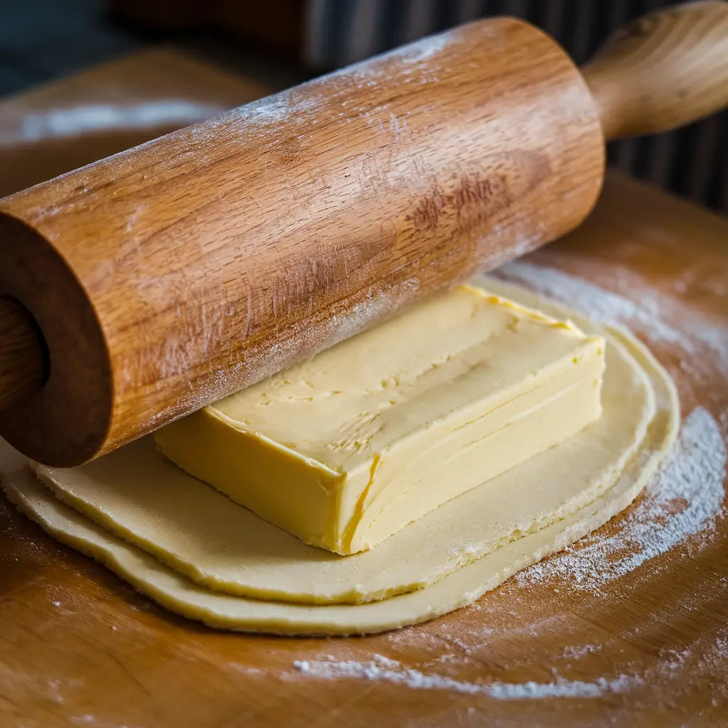 Rolling pin laminating dough with butter block for Gipfeli.