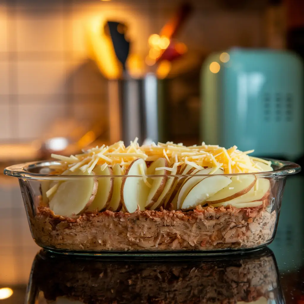 Casserole dish filled with layered meatloaf and potato topping, ready to bake.