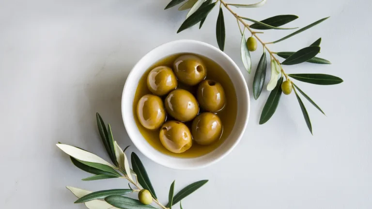 A bowl of large marinated olives submerged in golden olive oil, surrounded by fresh olive branches on a light background.